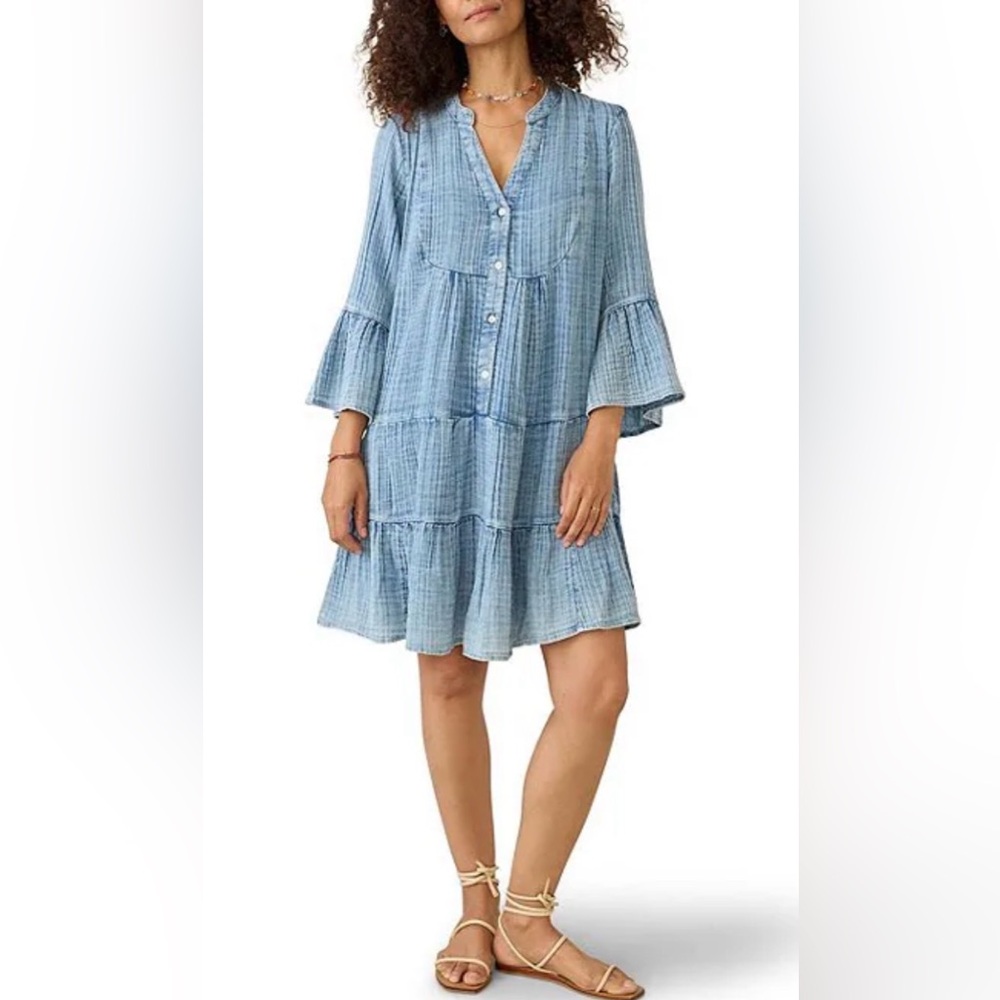 Faherty Dune Cotton Gauze Kasey Dress Light Blue Washed Button-Front Sz Small